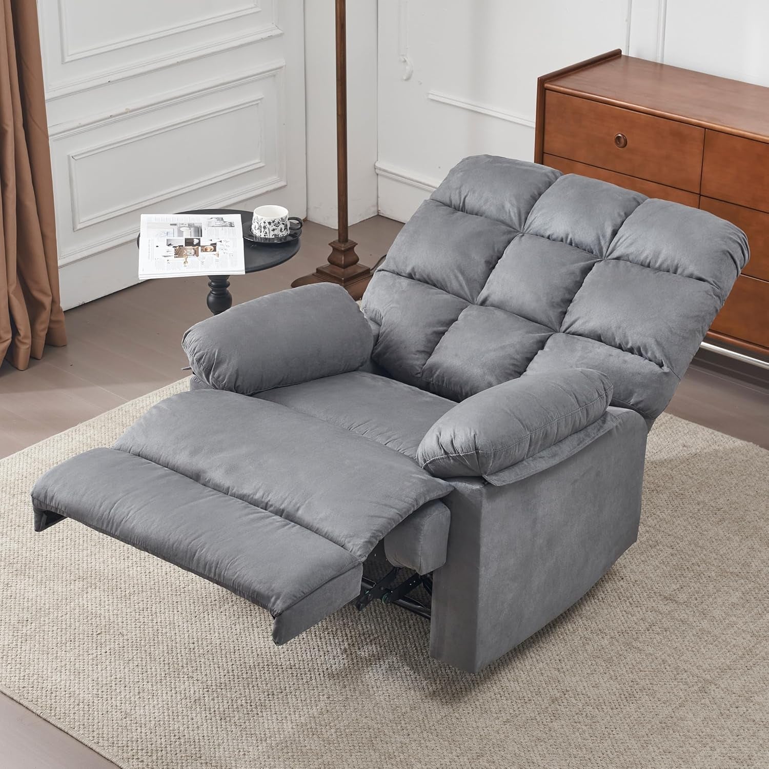 Gray Rocker Recliner Chair With Overstuffed Large Seat