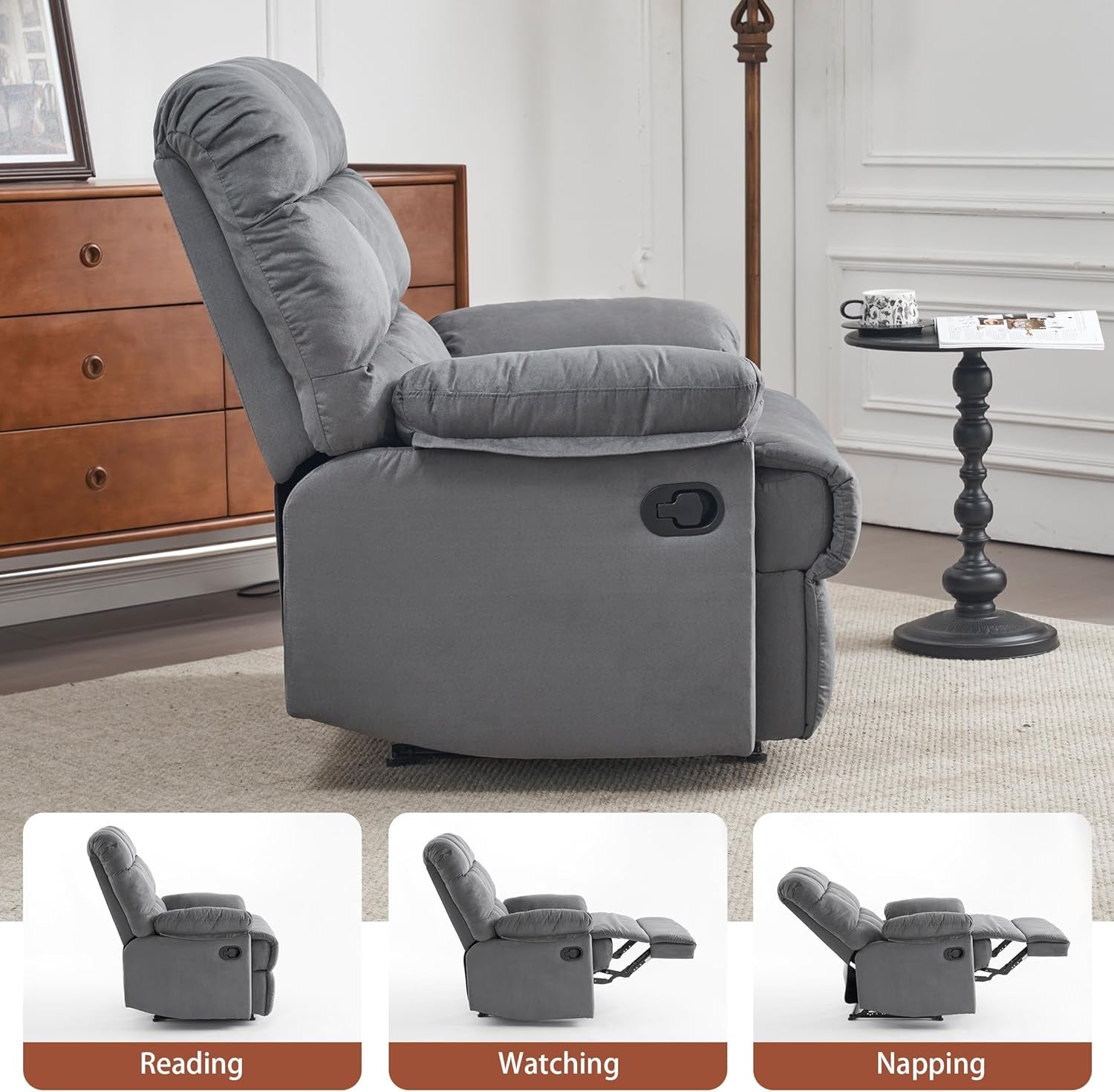 Gray Rocker Recliner Chair With Overstuffed Large Seat