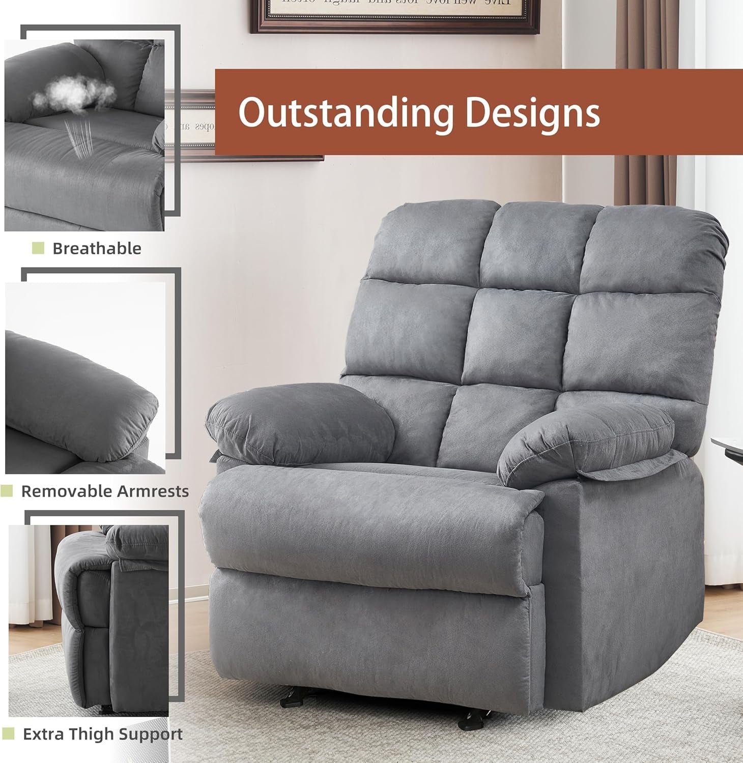 Gray Rocker Recliner Chair With Overstuffed Large Seat