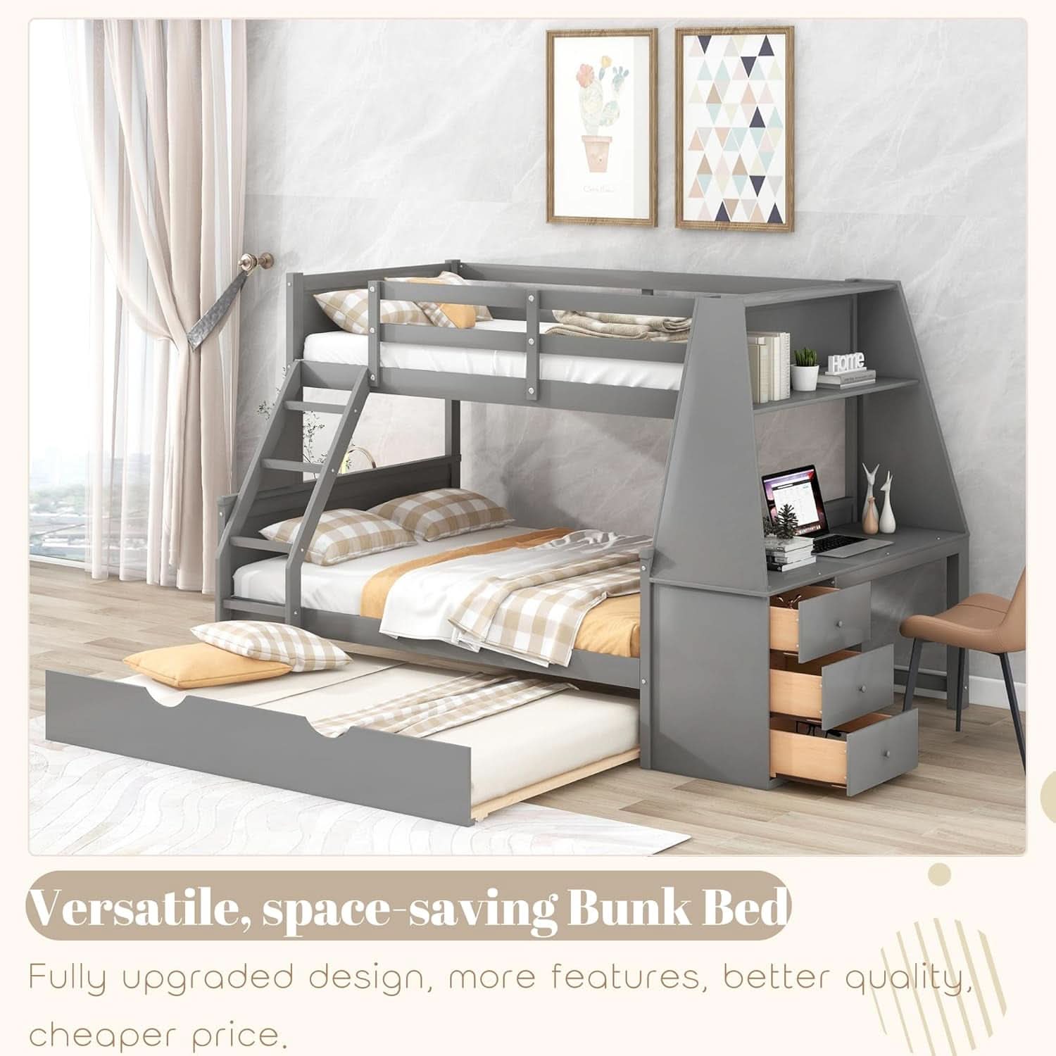 Gray Twin Over Full Bunk Bed With Trundle And Desk