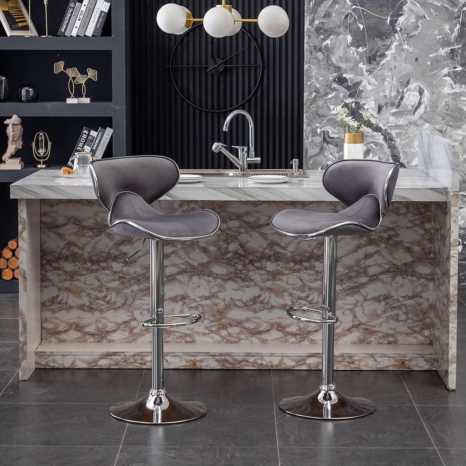 Gray Velvet Upholstered Adjustable Swivel Barstool Set of 2