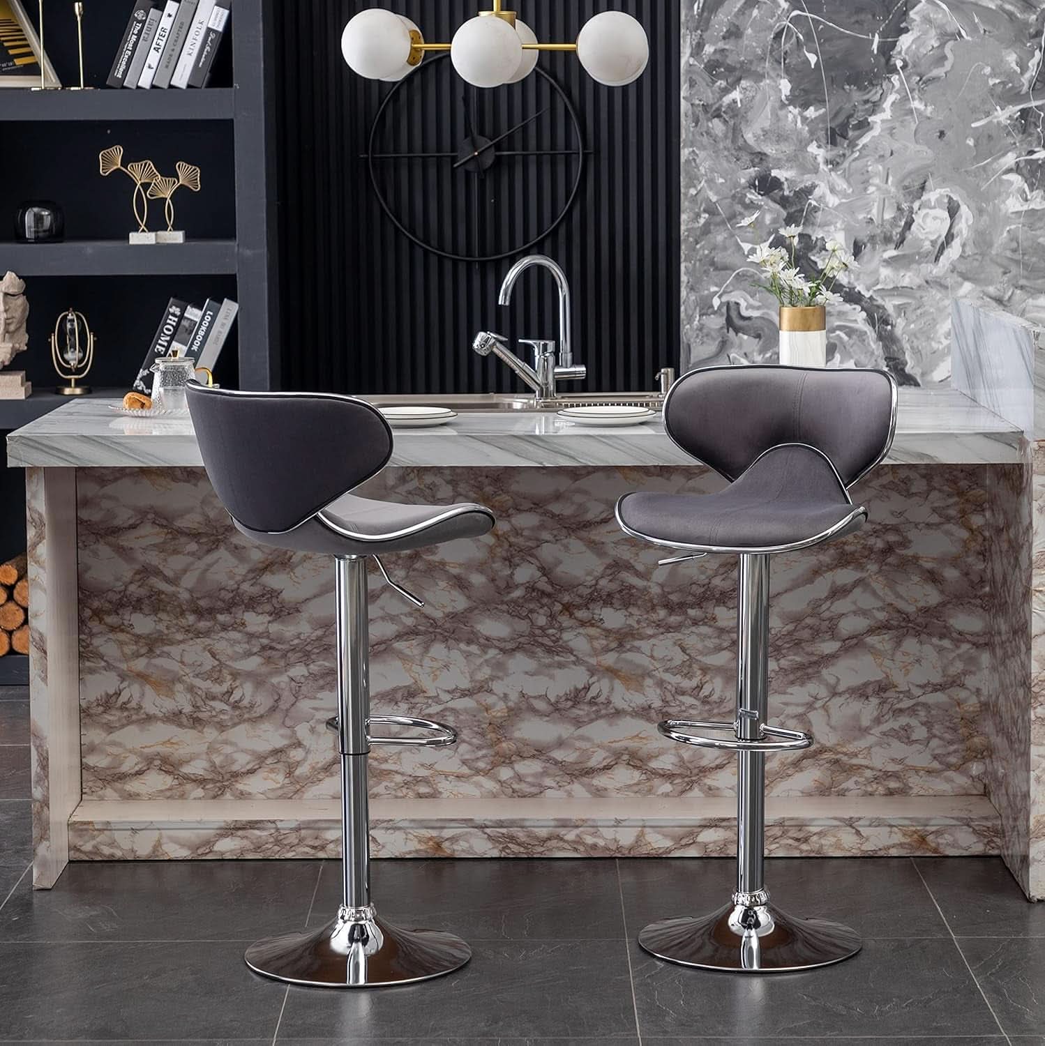 Gray Velvet Upholstered Adjustable Swivel Barstool Set of 2