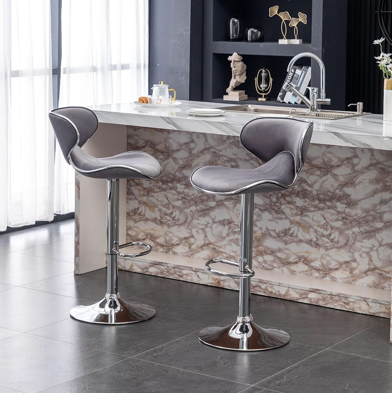 Gray Velvet Upholstered Adjustable Swivel Barstool Set of 2