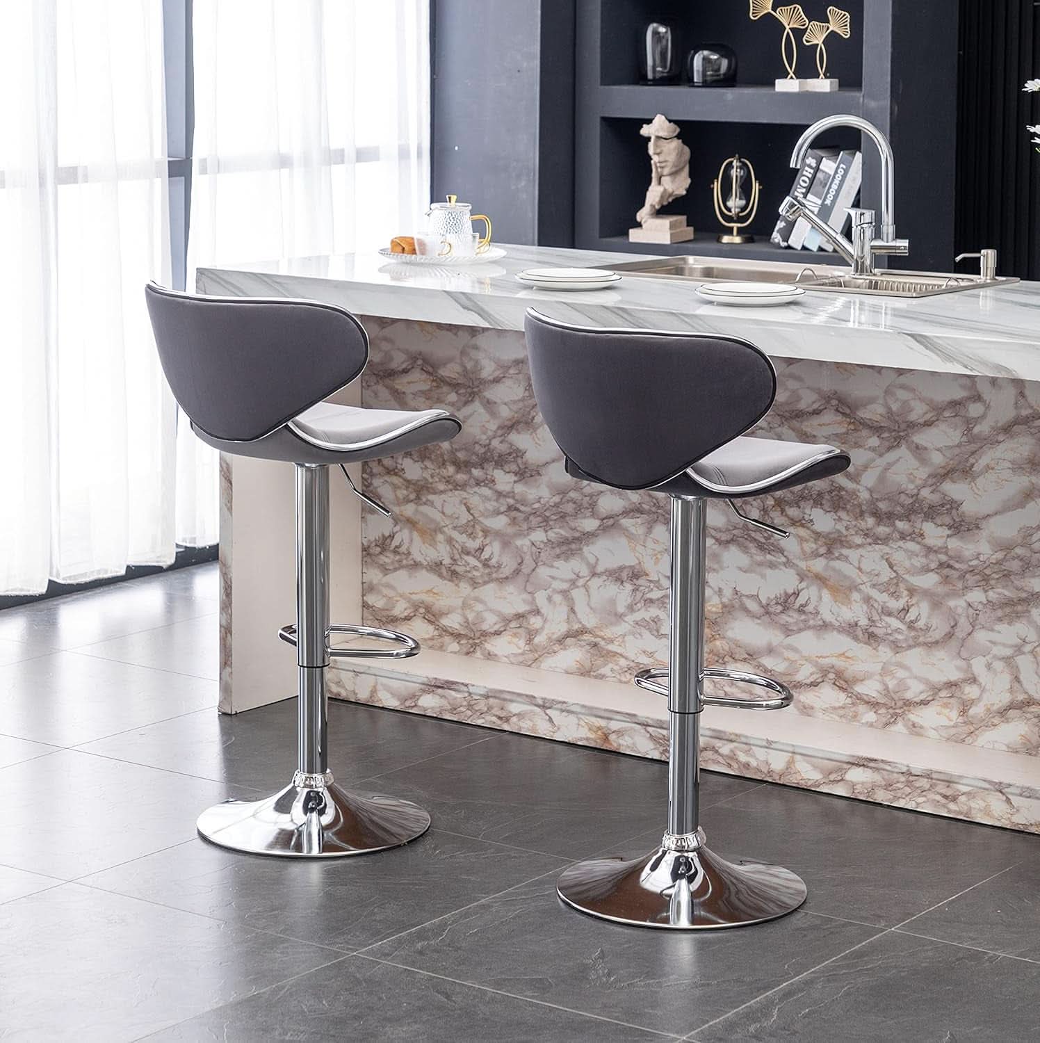 Gray Velvet Upholstered Adjustable Swivel Barstool Set of 2