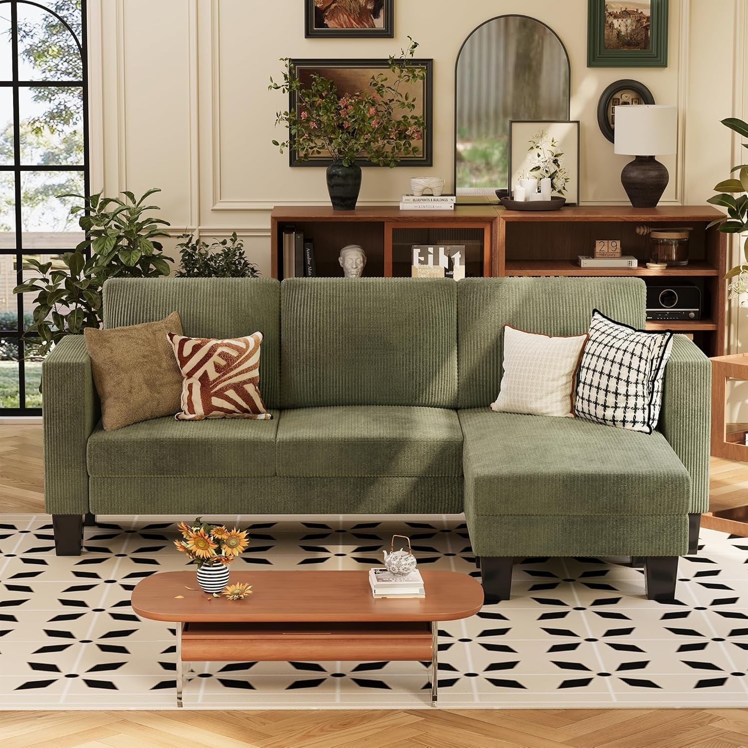 Green Convertible L Shape Sofa With Ottoman For Small Spaces