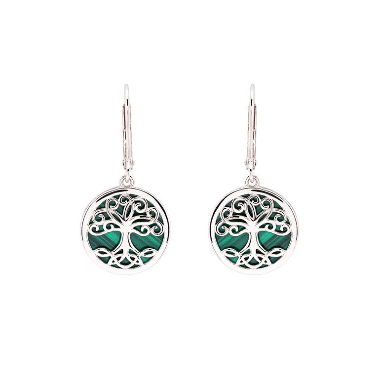 Green Malachite Sterling Silver Tree of Life Drop Earrings