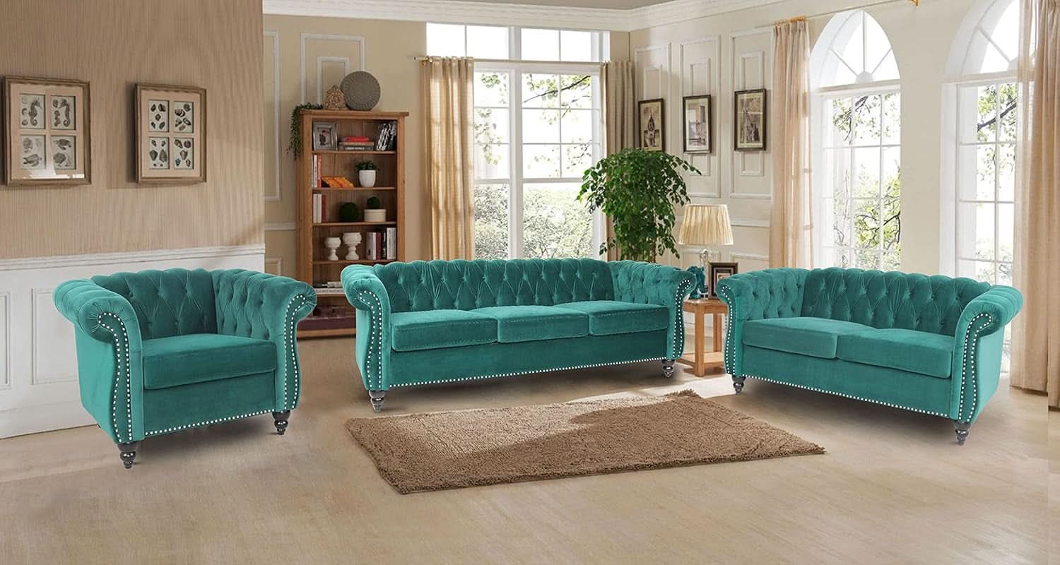 Green Velvet Chesterfield Living Room Set Including Sofa Loveseat and Club Chair