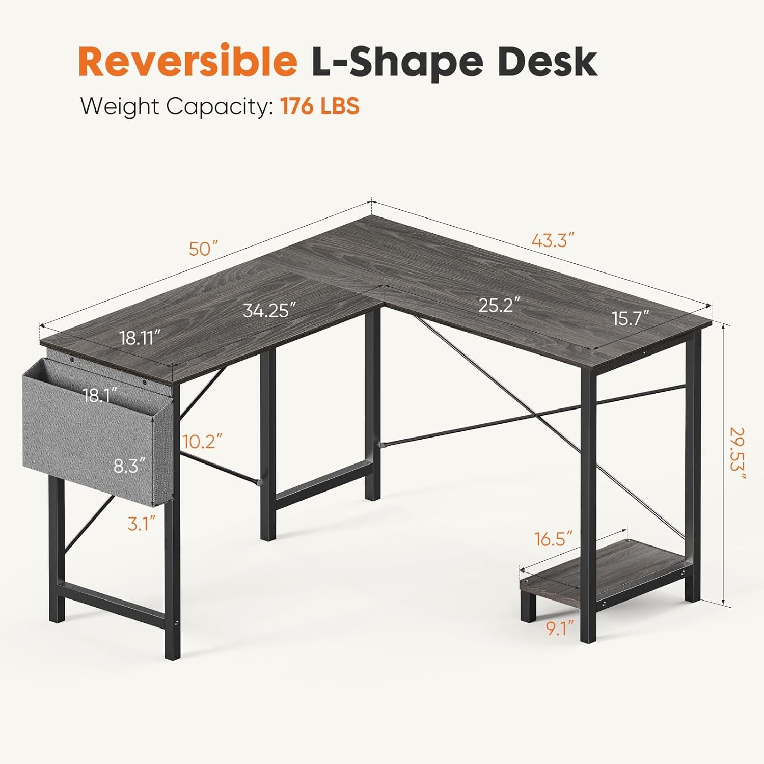 Grey 50 Inch L Shaped Gaming Desk With Metal Frame