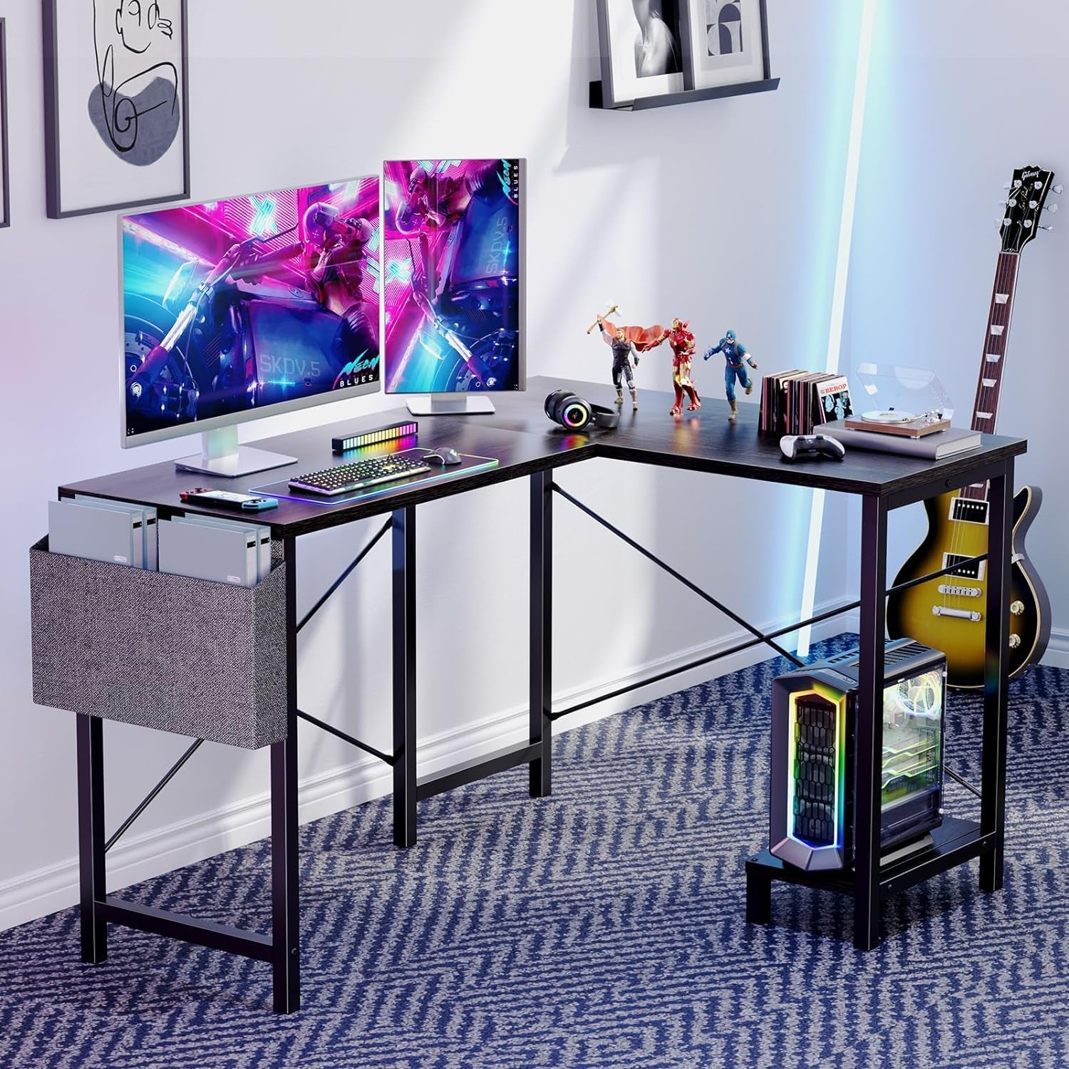 Grey 50 Inch L Shaped Gaming Desk With Metal Frame