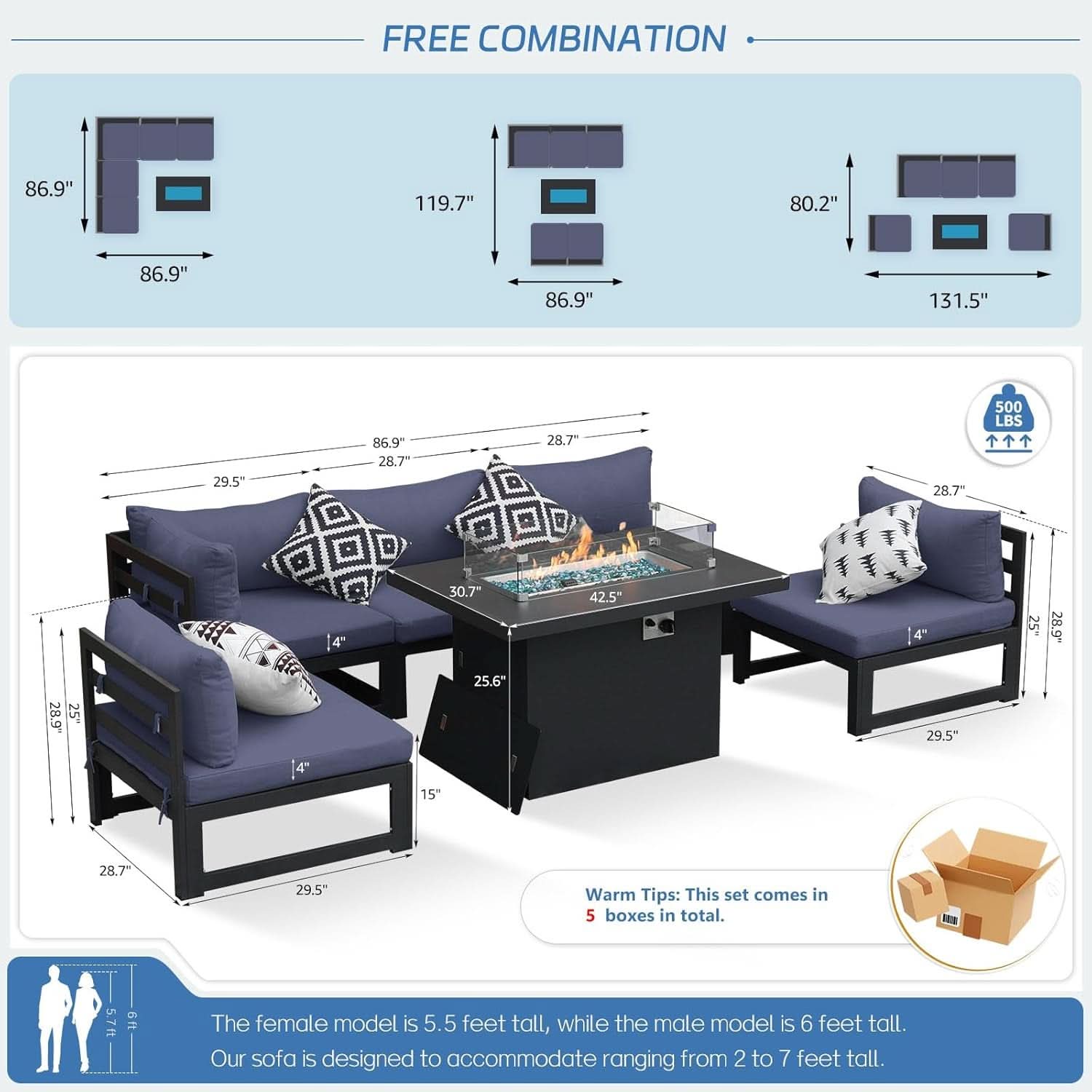 Grey Aluminum Outdoor Patio Set With Fire Pit L Shaped