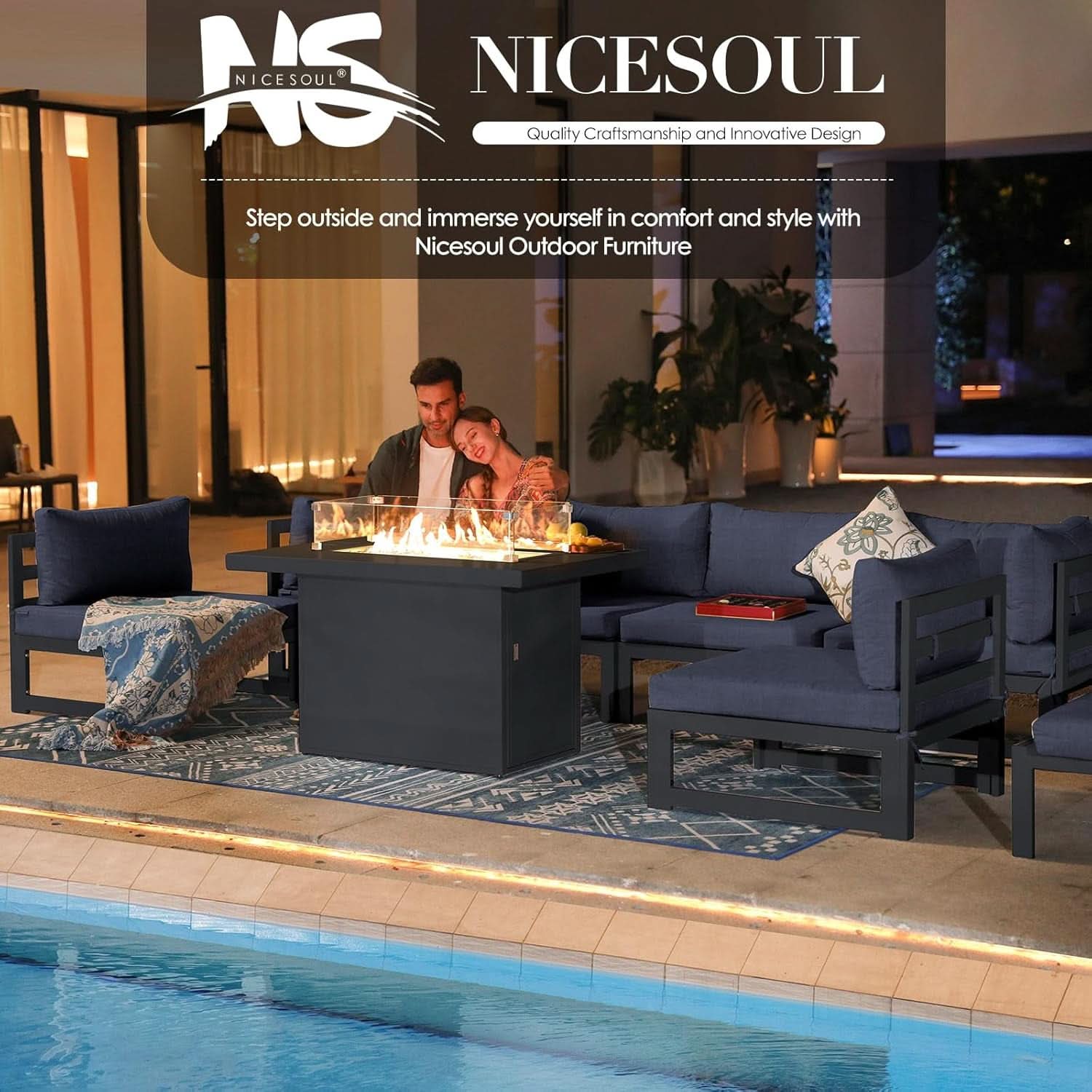 Grey Aluminum Outdoor Patio Set With Fire Pit L Shaped