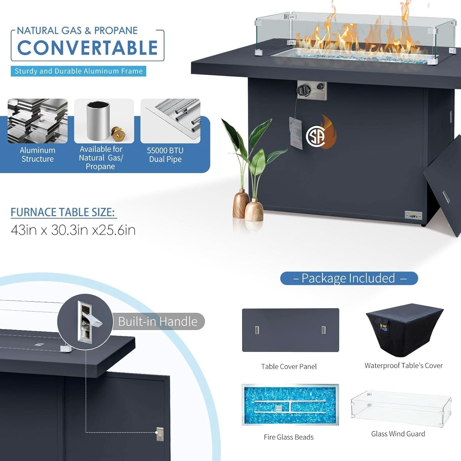 Grey Aluminum Outdoor Patio Set With Fire Pit L Shaped