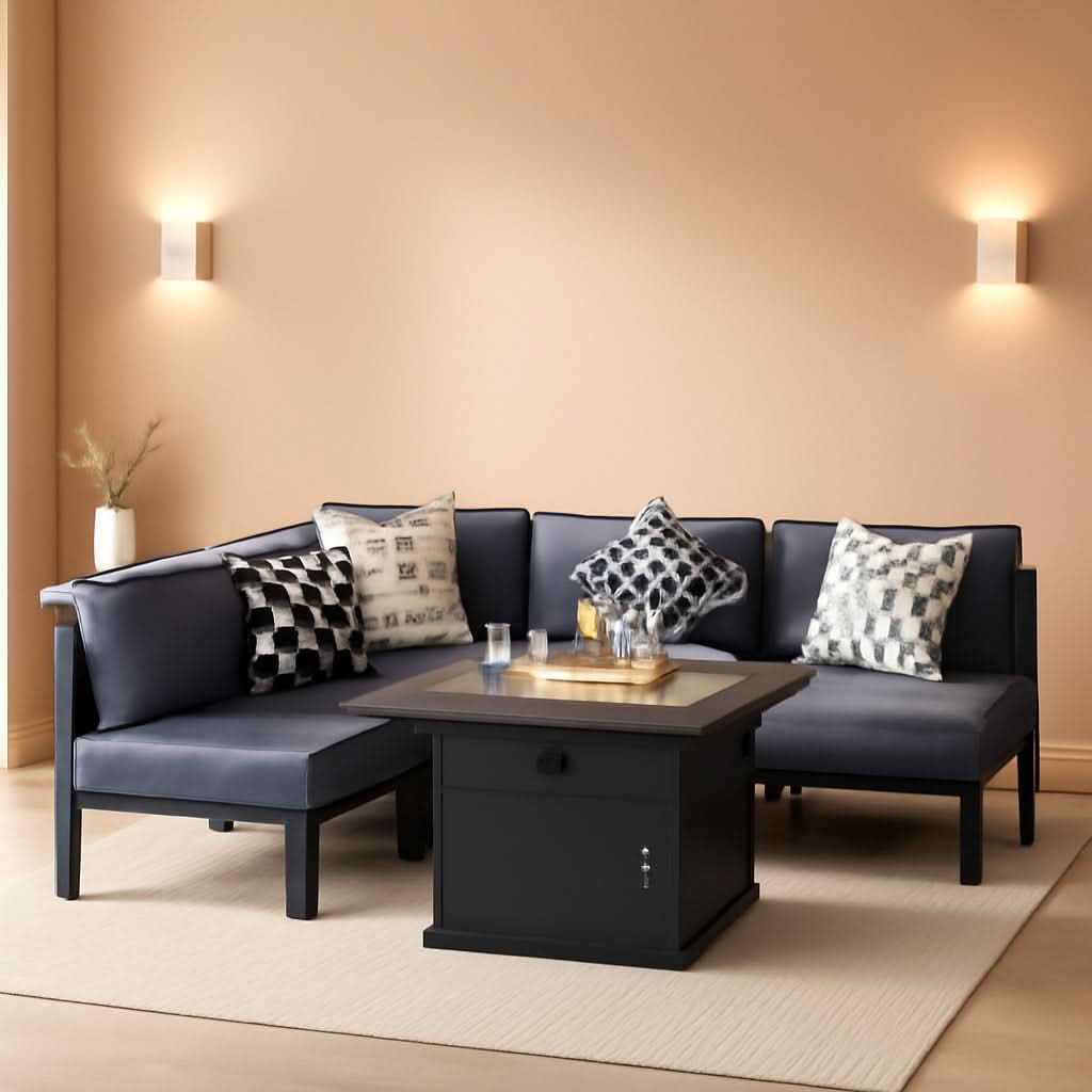 Grey Aluminum Outdoor Patio Set With Fire Pit L Shaped