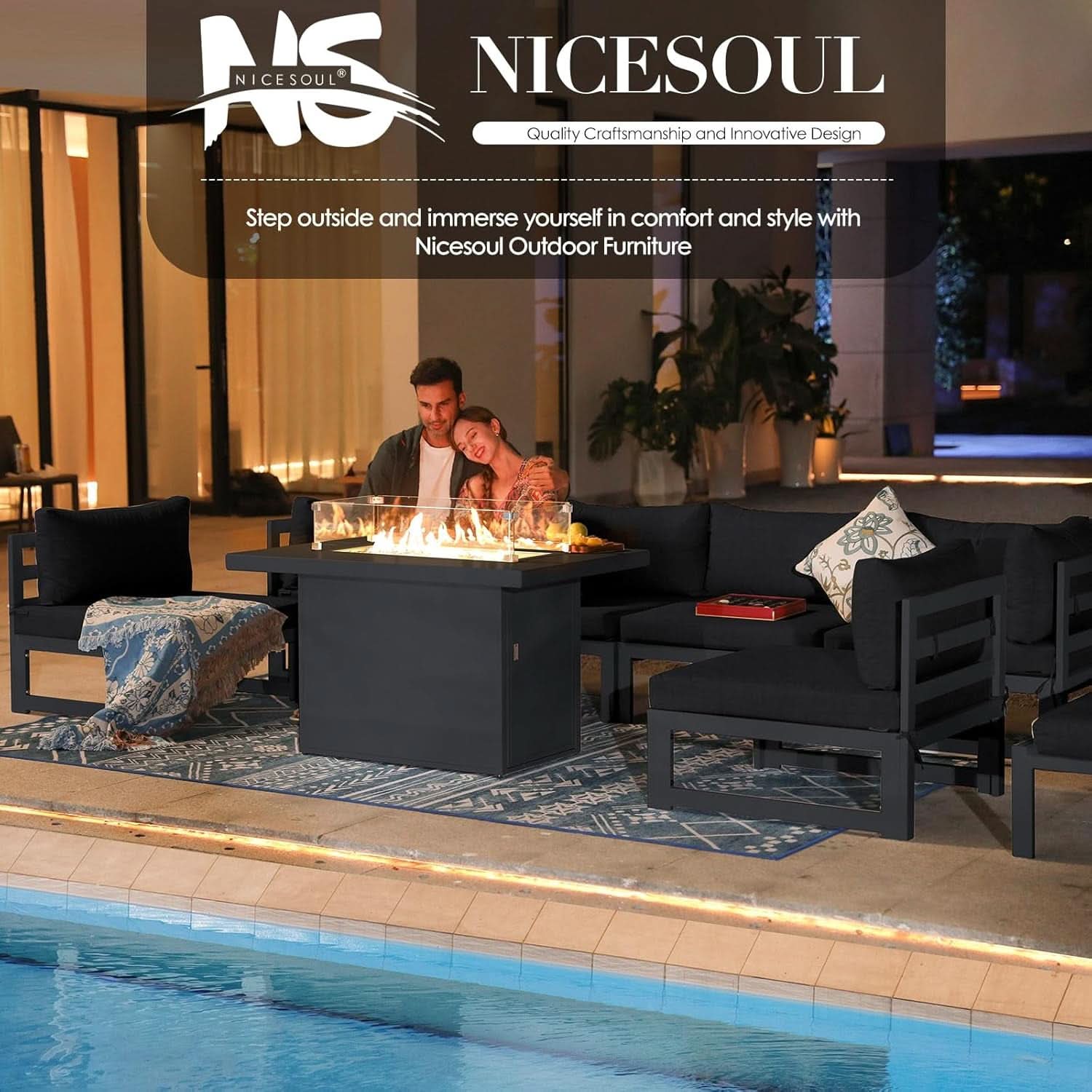Grey Aluminum Outdoor Patio Set With Fire Pit Table 29 Inch Seating