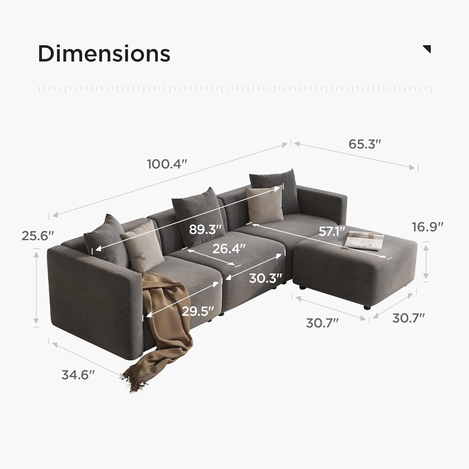 Grey Convertible L Shaped Modular Sectional Sofa Chaise