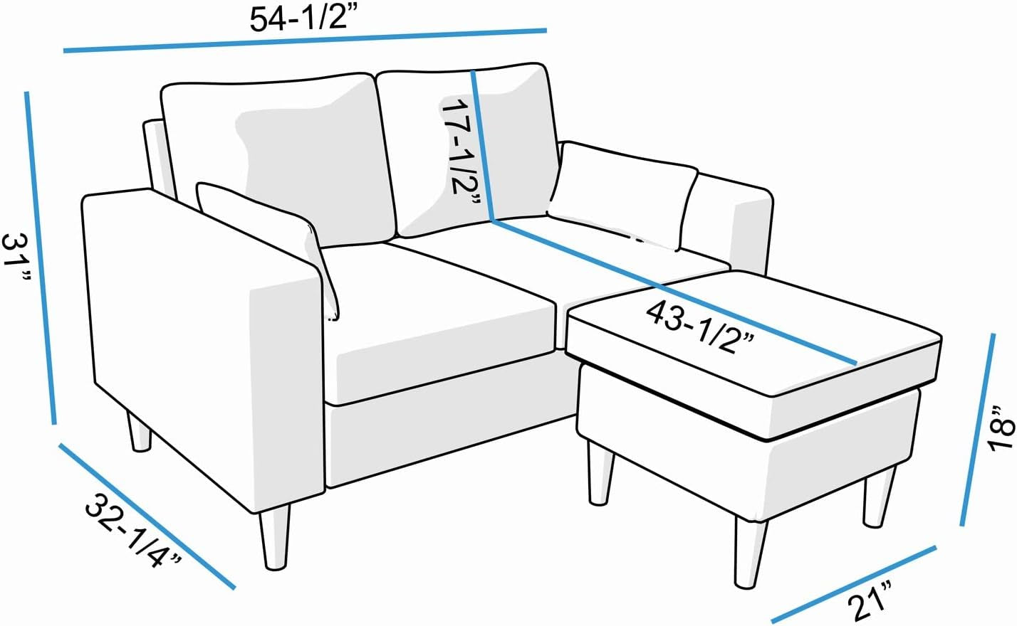 Grey Convertible Sectional Sofa With Ottoman L Shape 2Seat