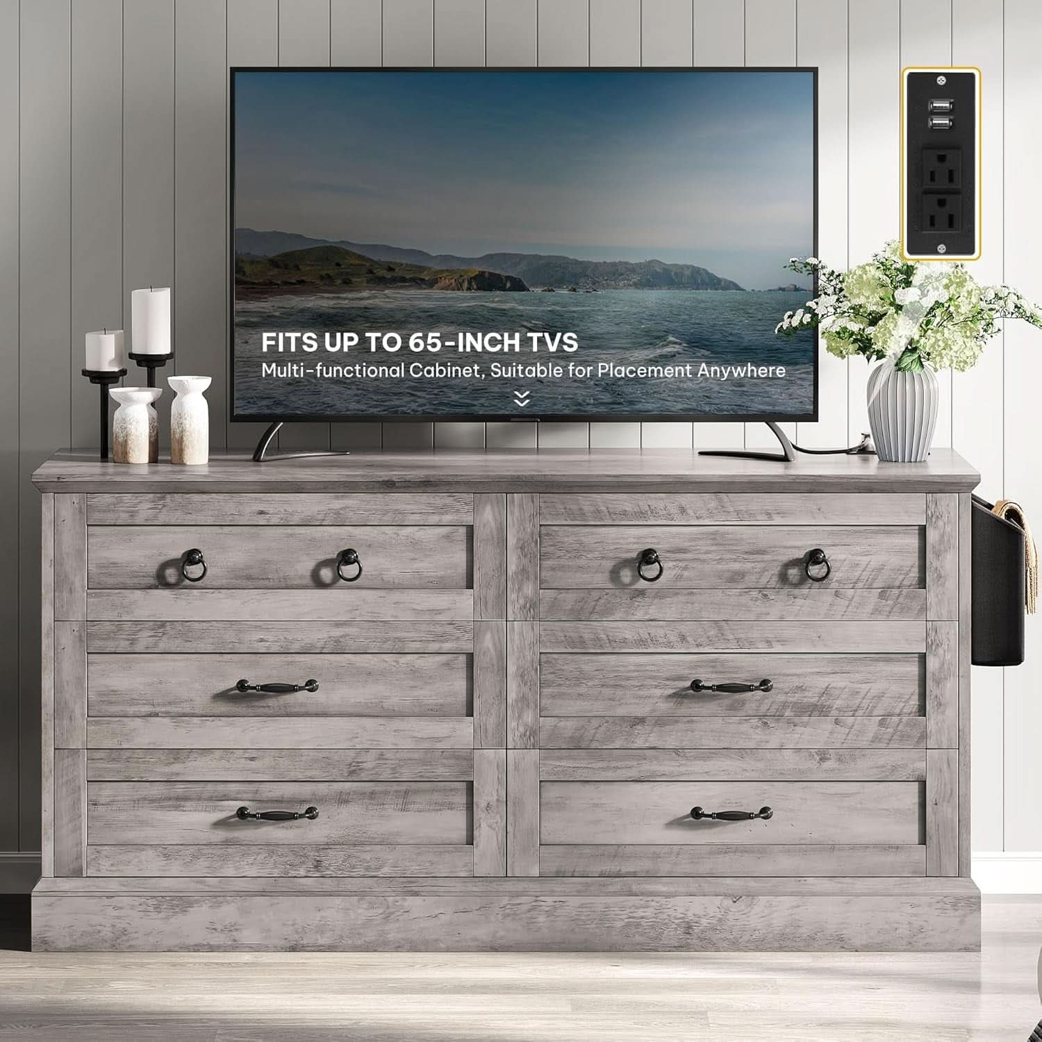 Grey Farmhouse 6 Drawer Dresser 59 Inch Wide With Air Purifier
