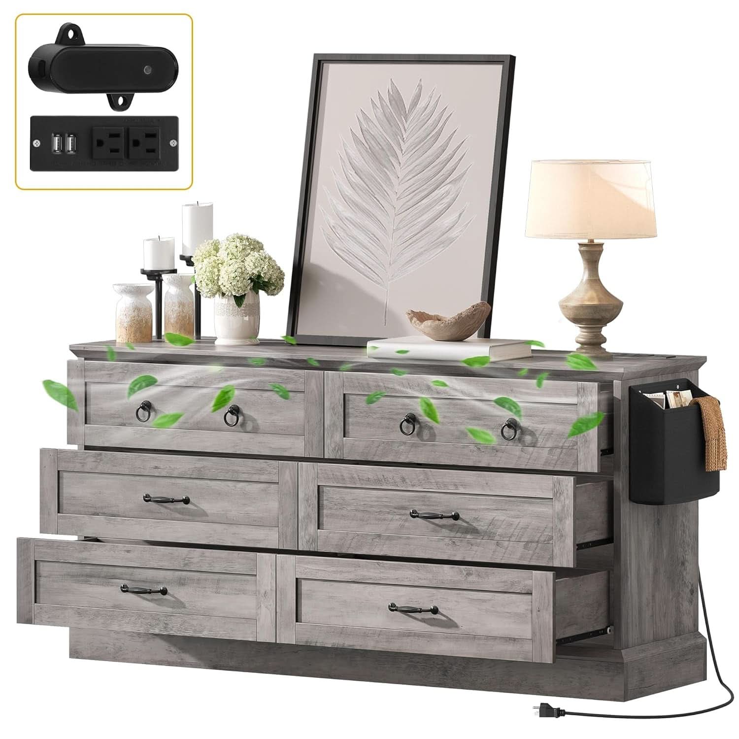 Grey Farmhouse 6 Drawer Dresser 59 Inch Wide With Air Purifier