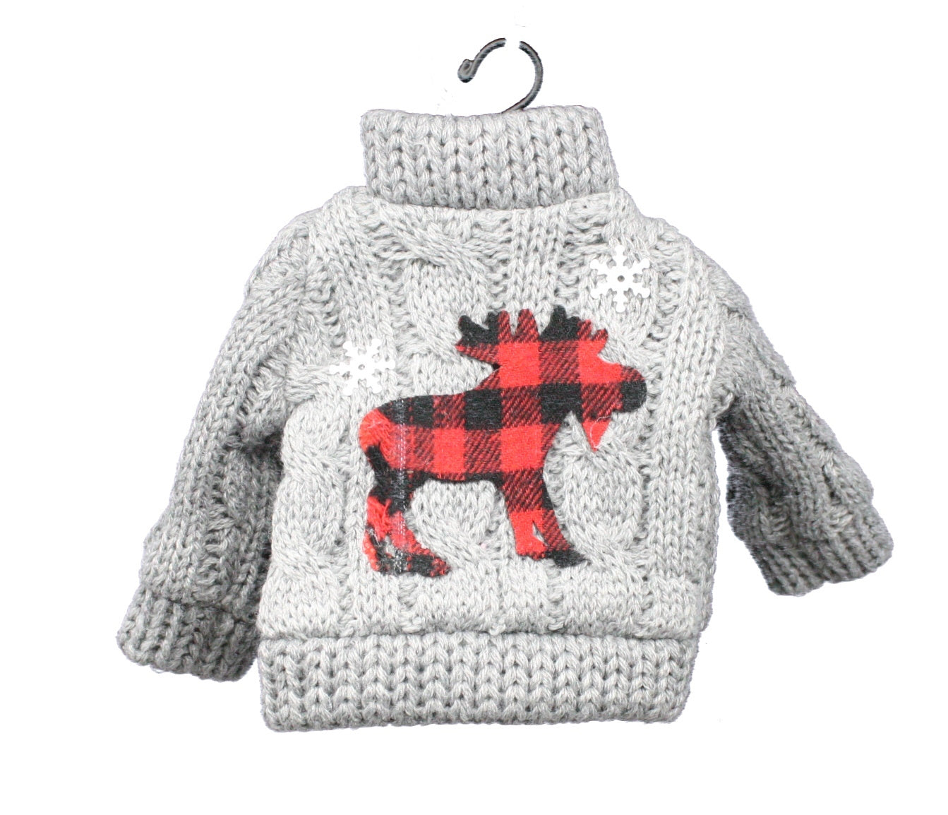 Grey Knit Sweater Ornament With Plaid Moose