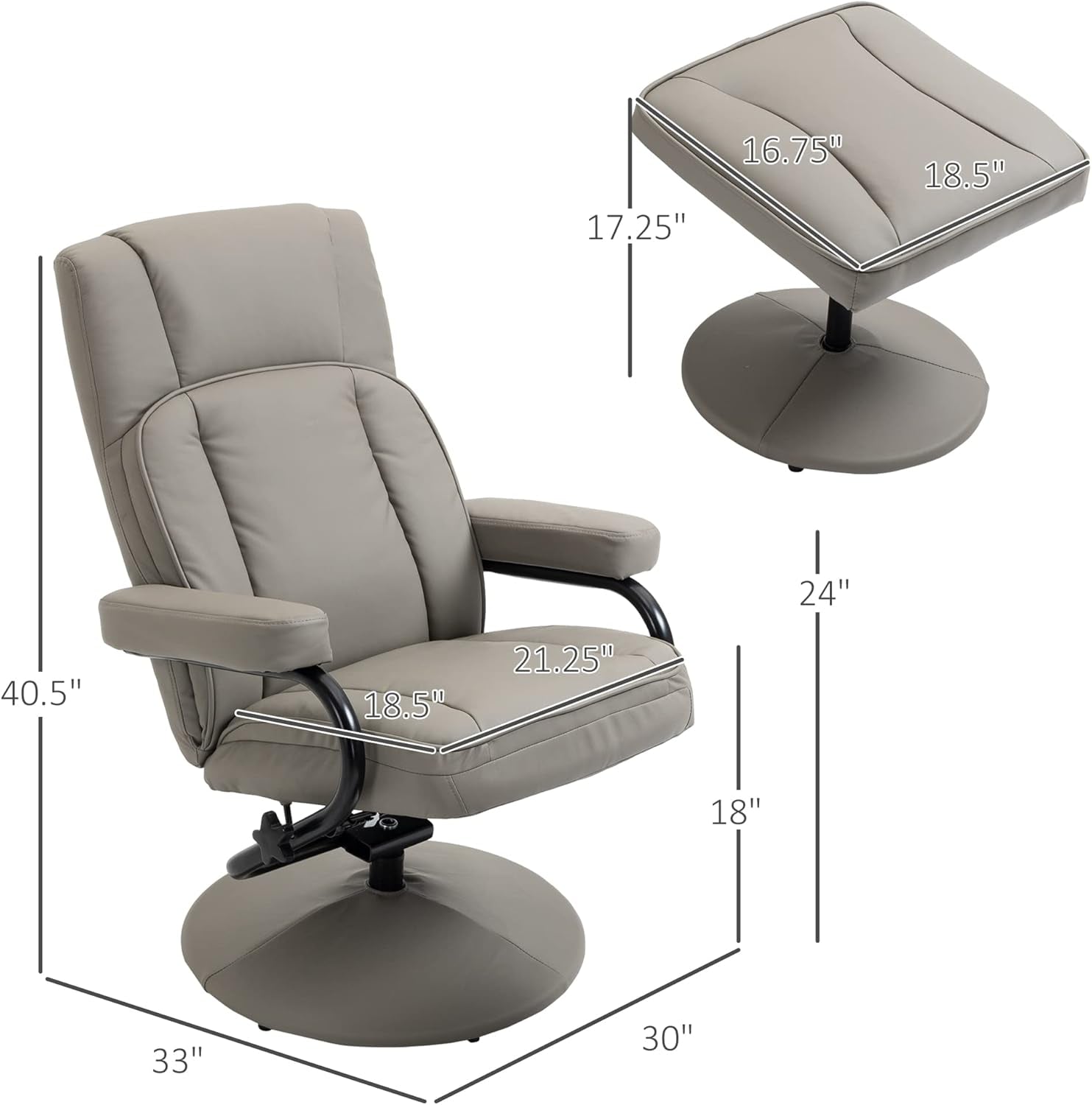 Grey Manual PU Leather Swivel Recliner With Ottoman