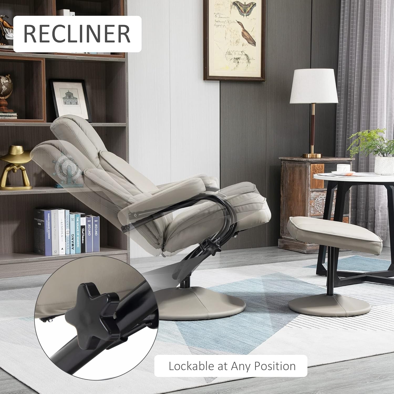 Grey Manual PU Leather Swivel Recliner With Ottoman