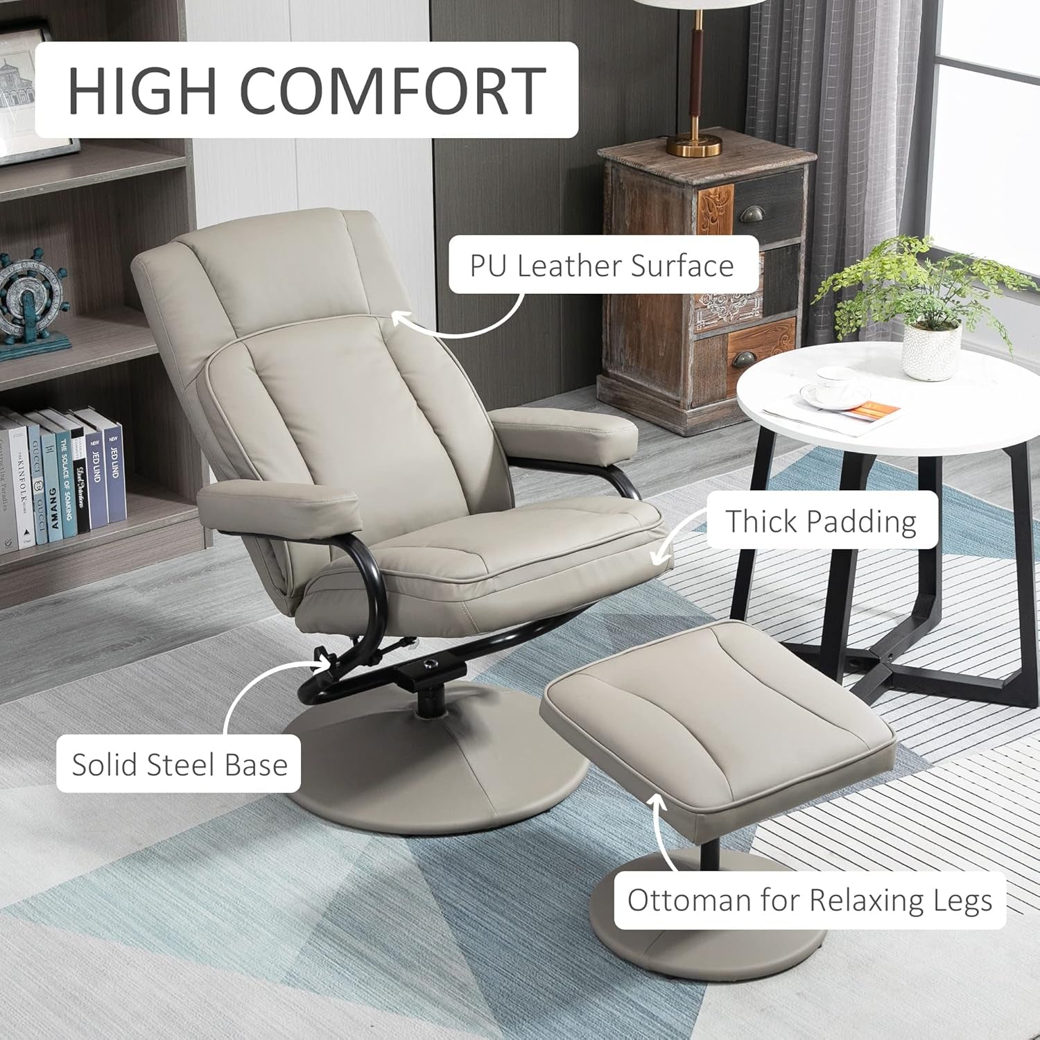 Grey Manual PU Leather Swivel Recliner With Ottoman