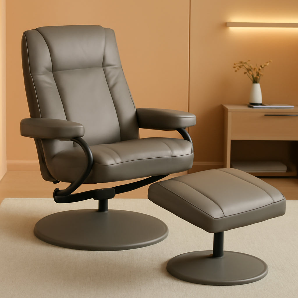 Grey Manual PU Leather Swivel Recliner With Ottoman