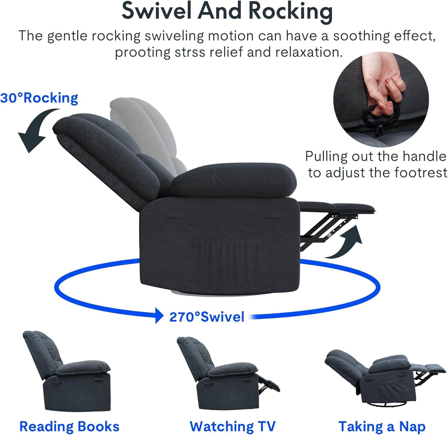 Grey Massage Rocker Recliner With Heat 270 Degree Swivel