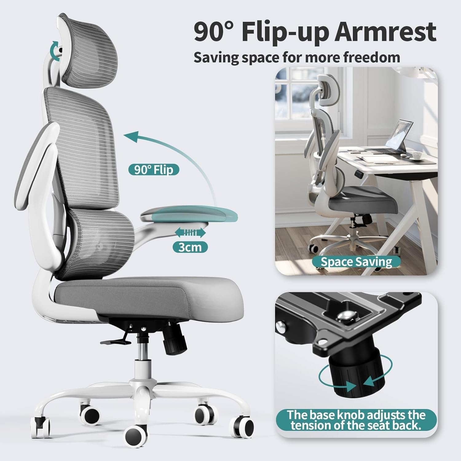 Grey Mesh Ergonomic Office Chair With Wheels 330 Lbs