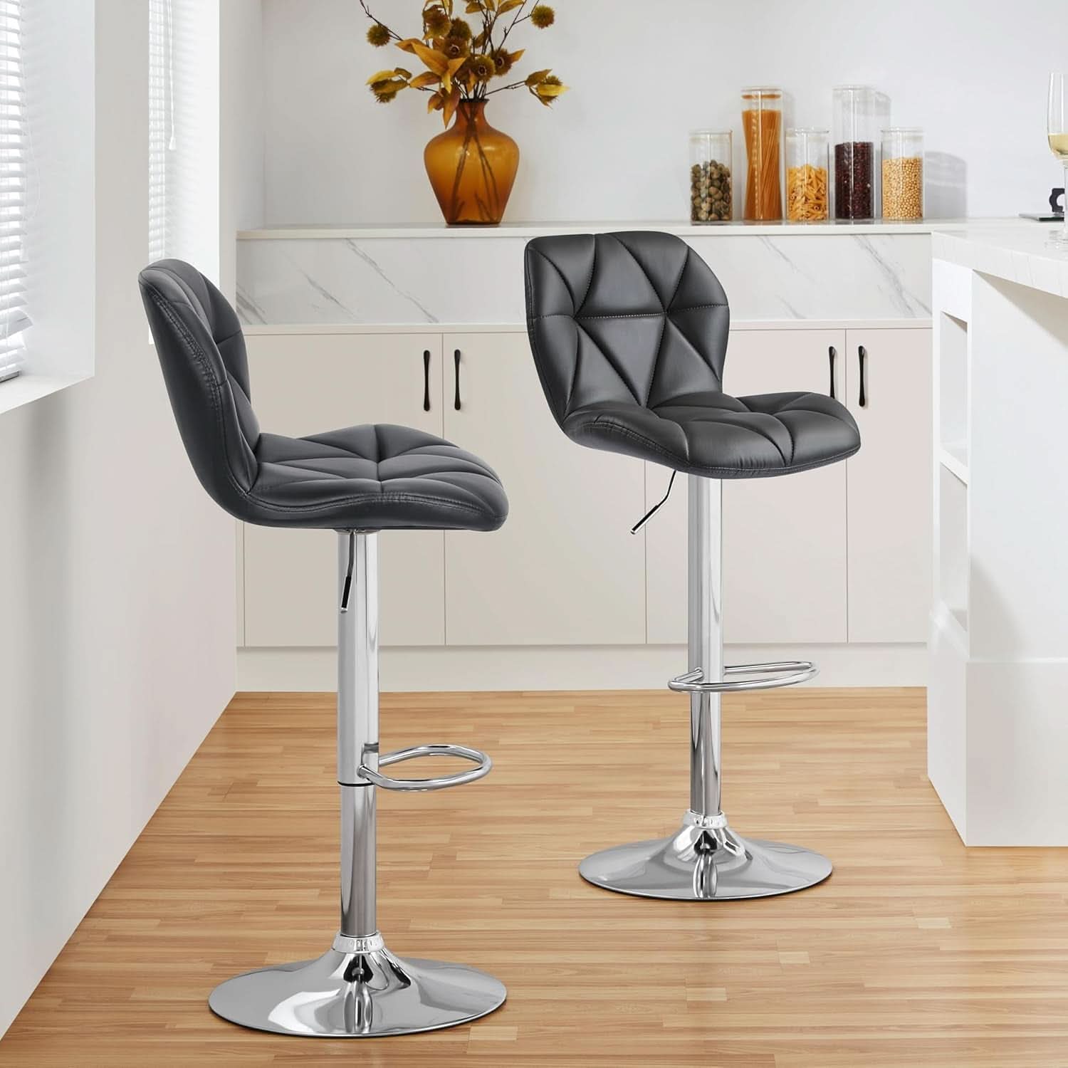 Grey PU Leather Bar Stool Set of 2 Height Adjustable Swivel