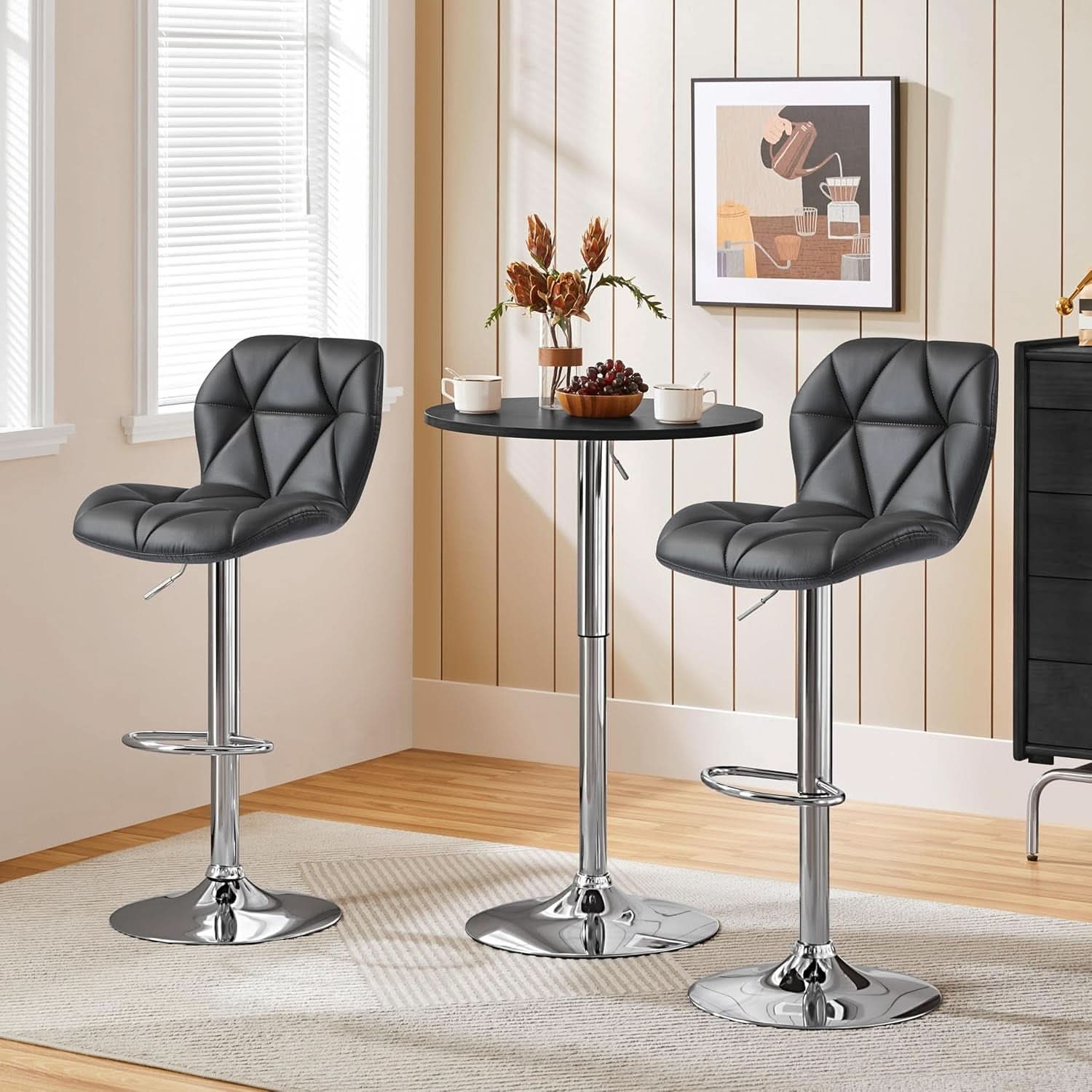 Grey PU Leather Bar Stool Set of 2 Height Adjustable Swivel