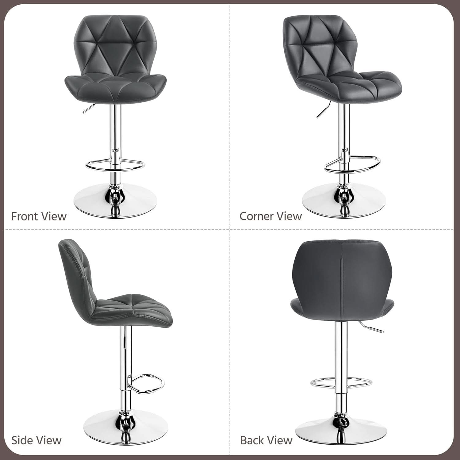 Grey PU Leather Bar Stool Set of 2 Height Adjustable Swivel