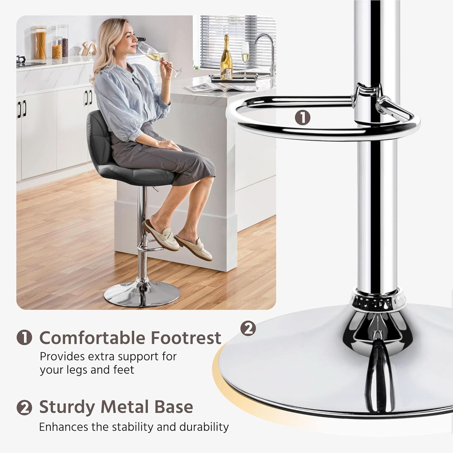 Grey PU Leather Bar Stool Set of 2 Height Adjustable Swivel
