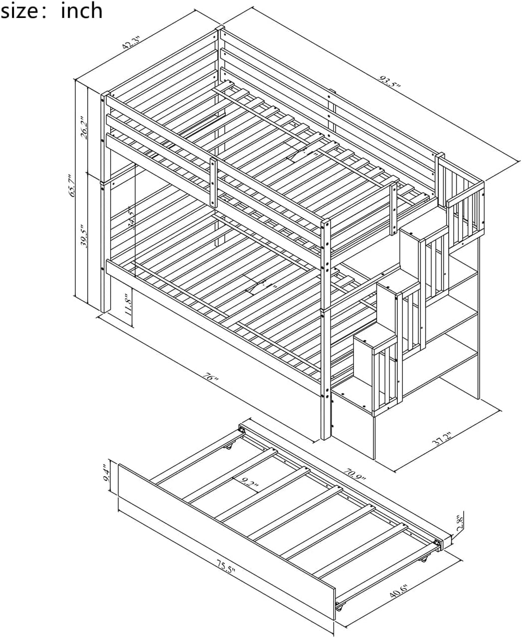 Grey Twin Over Twin Bunk Bed With Trundle And Staircase