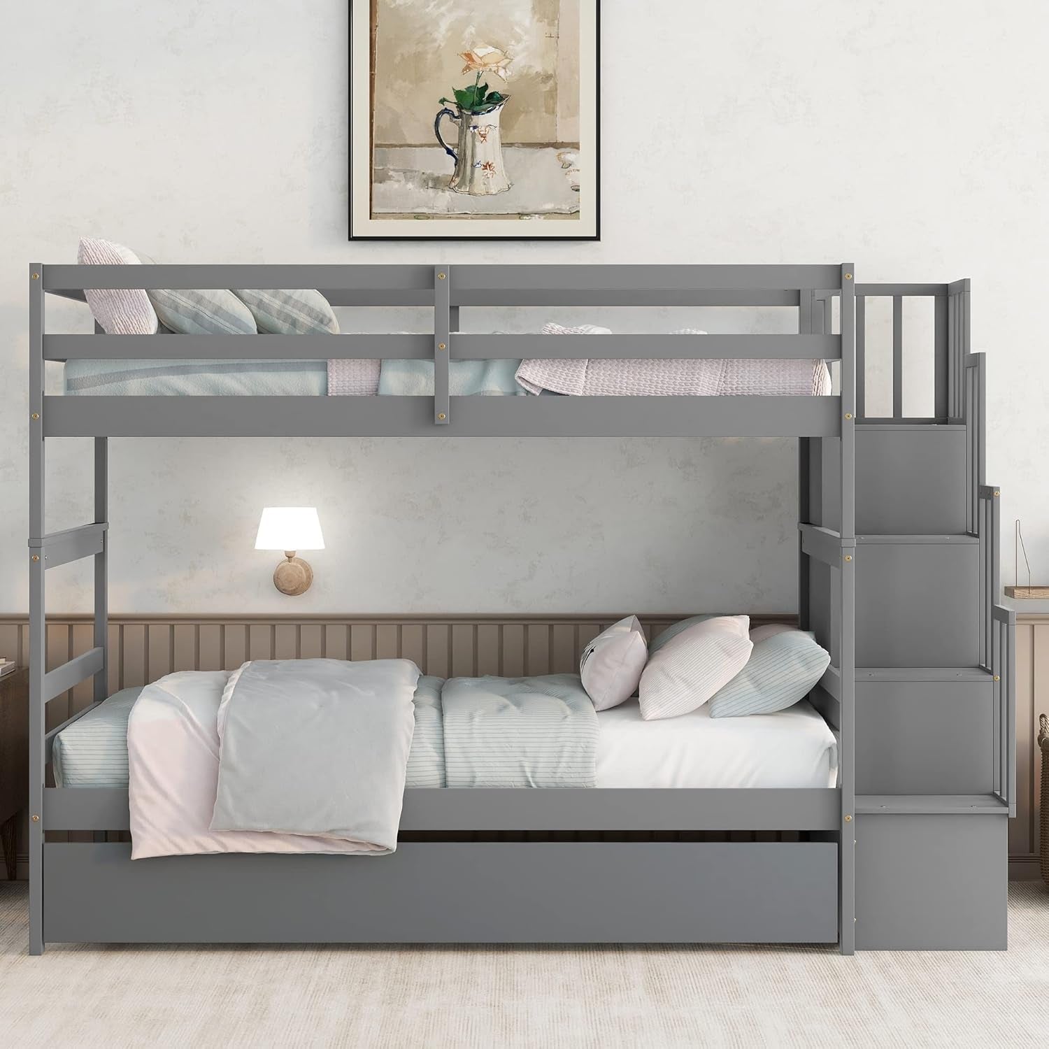 Grey Twin Over Twin Bunk Bed With Trundle And Staircase