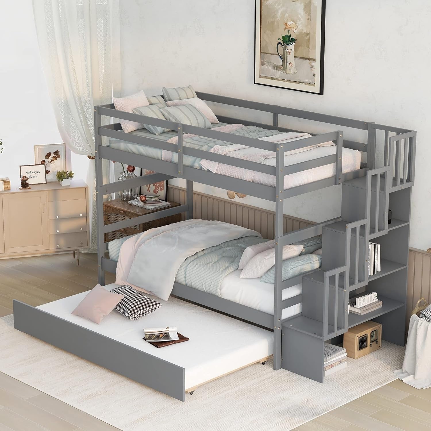 Grey Twin Over Twin Bunk Bed With Trundle And Staircase