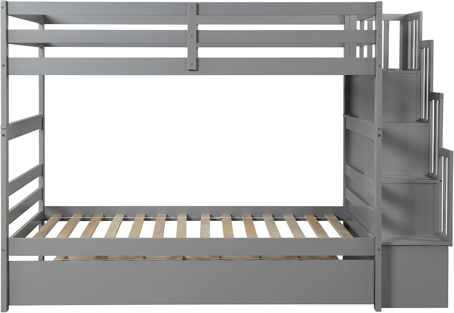 Grey Twin Over Twin Bunk Bed With Trundle And Staircase