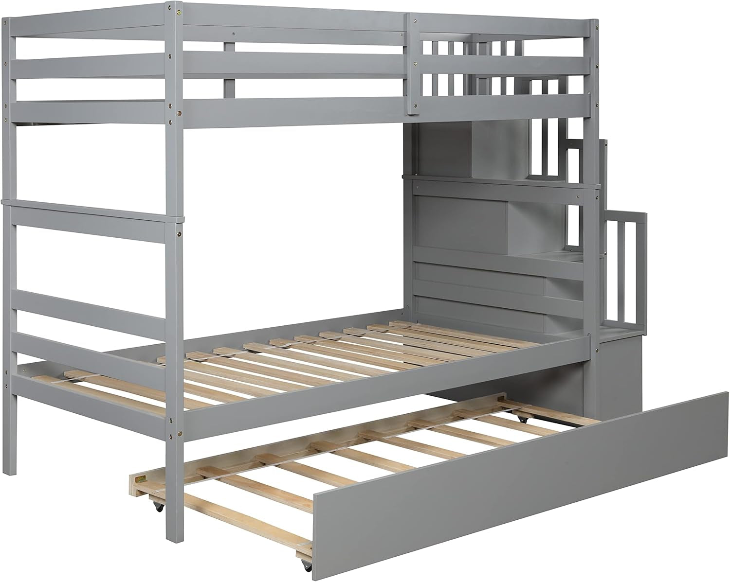 Grey Twin Over Twin Bunk Bed With Trundle And Staircase