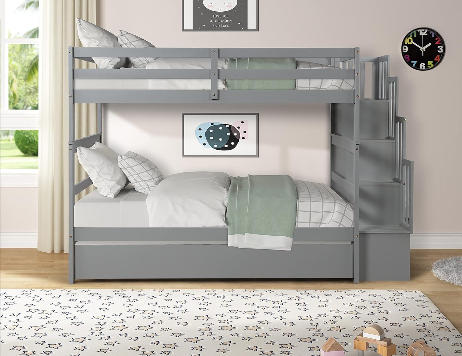 Grey Twin Over Twin Bunk Bed With Trundle And Staircase