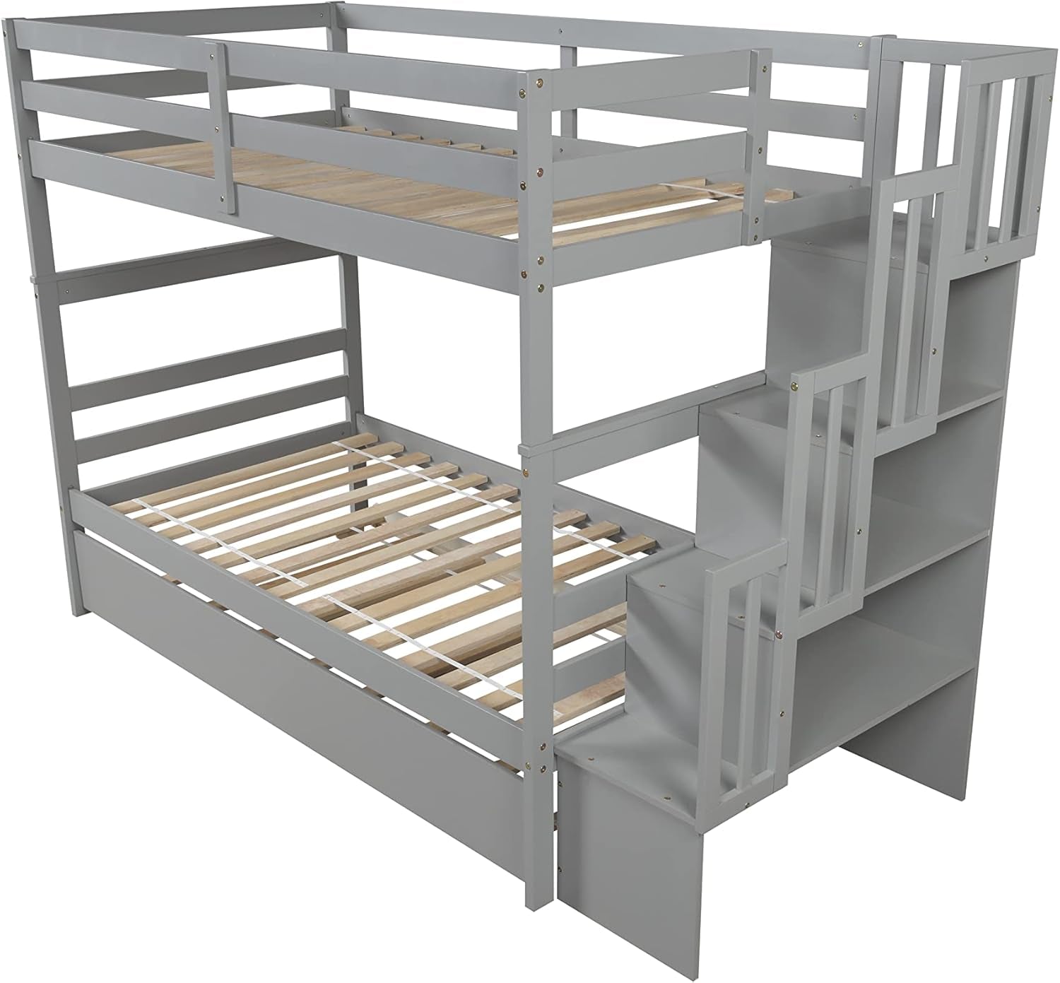 Grey Twin Over Twin Bunk Bed With Trundle And Staircase