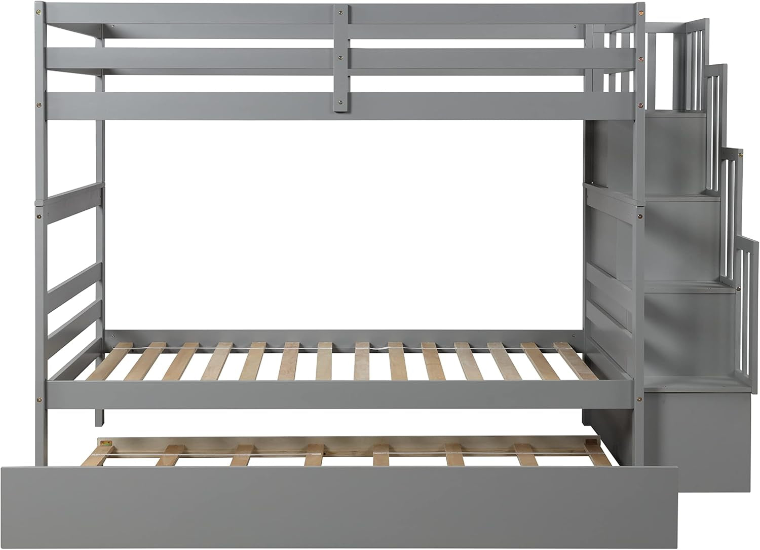 Grey Twin Over Twin Bunk Bed With Trundle And Staircase