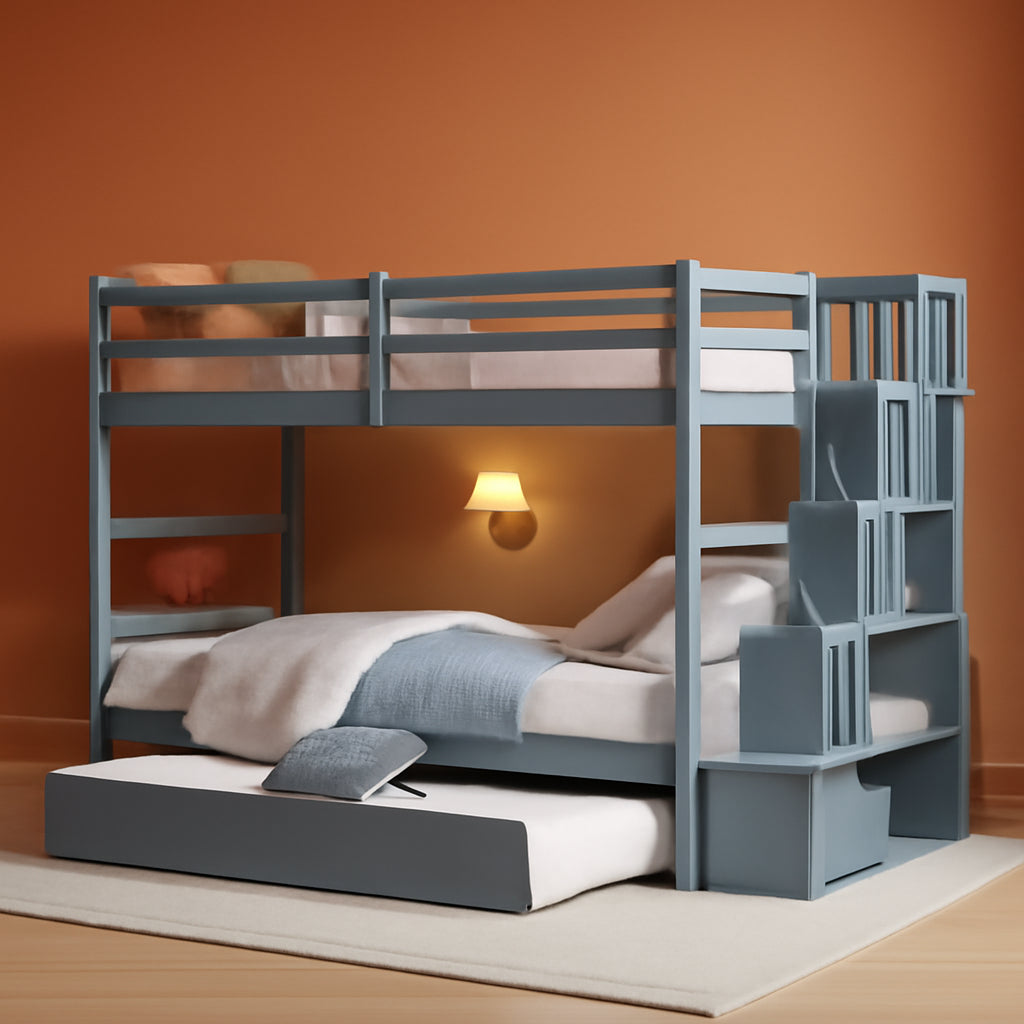 Grey Twin Over Twin Bunk Bed With Trundle And Staircase