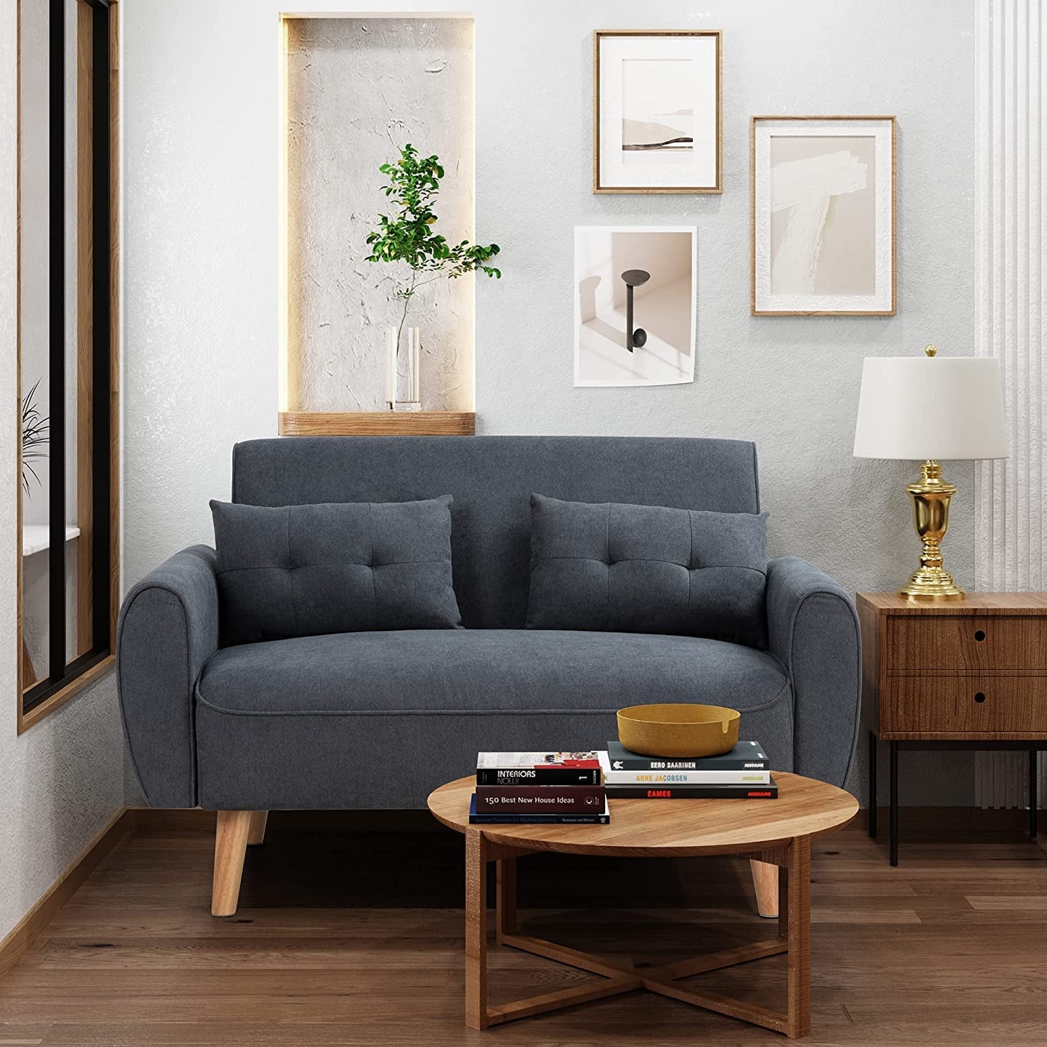 Grid Tufted Loveseat Sofa With Wood Legs 47 Inch Yellow