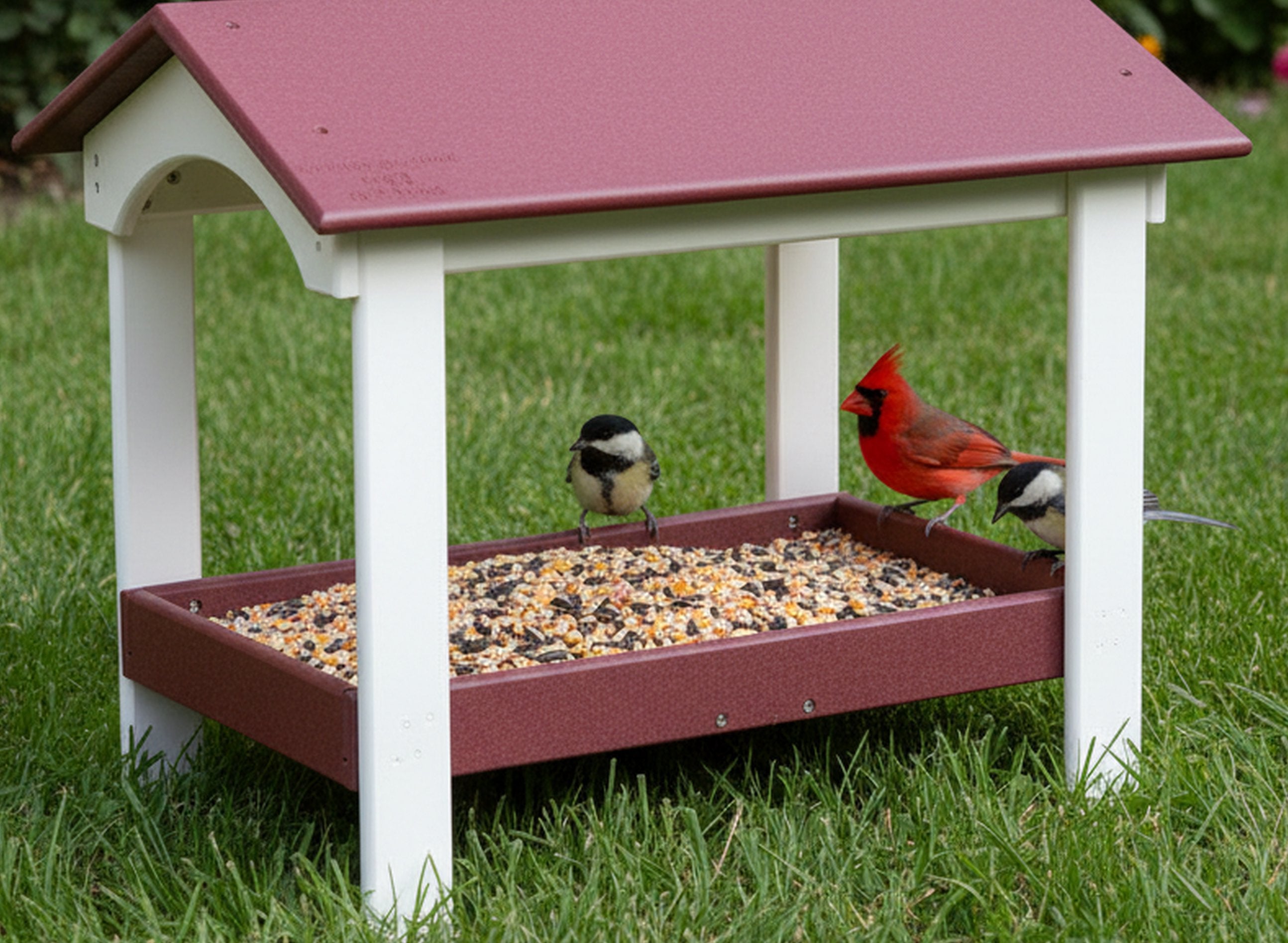 Ground Bird Feeder, Deluxe Fly-Through Covered Feeder for Birds and Squirrels with Screen Mesh Tray