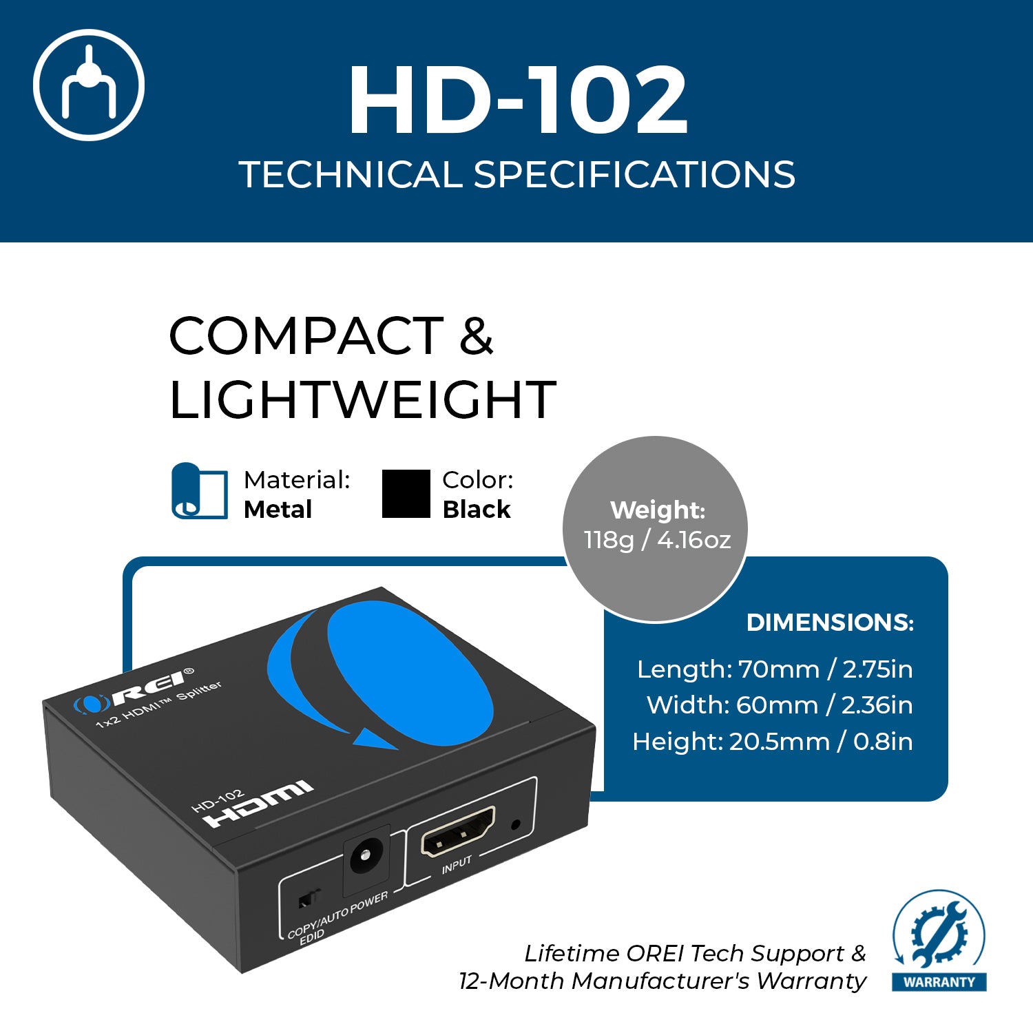 HDMI Splitter 1 input 2 output 1080p with EDID (HD-102)