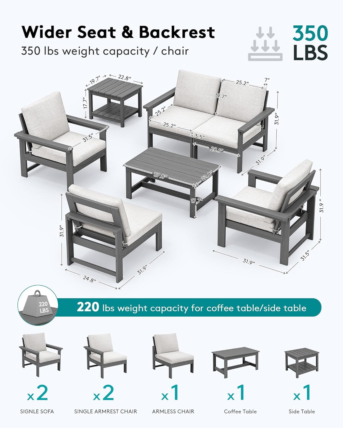 HDPE Outdoor Patio Set 7 Piece Grey Frame Khaki Cushions