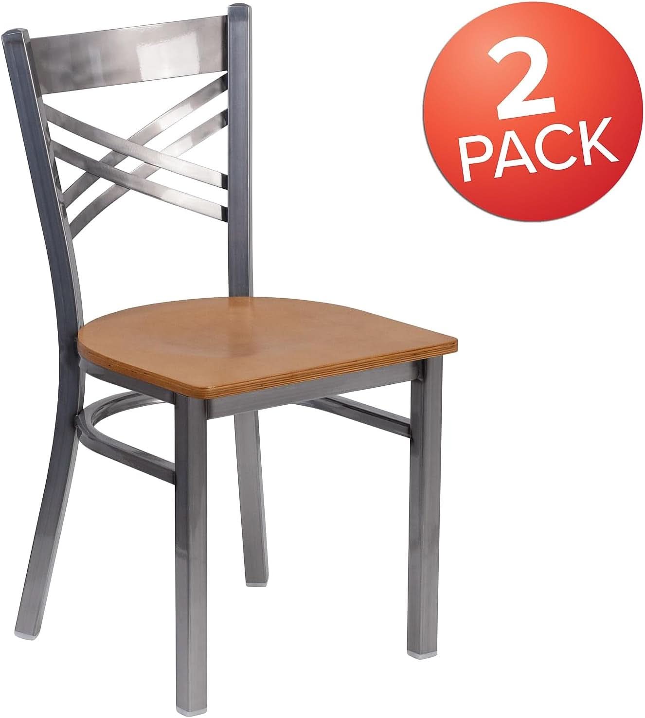 HERCULES Series Clear Coated X Back Metal Restaurant Chair 2 Pack Natural Wood Seat