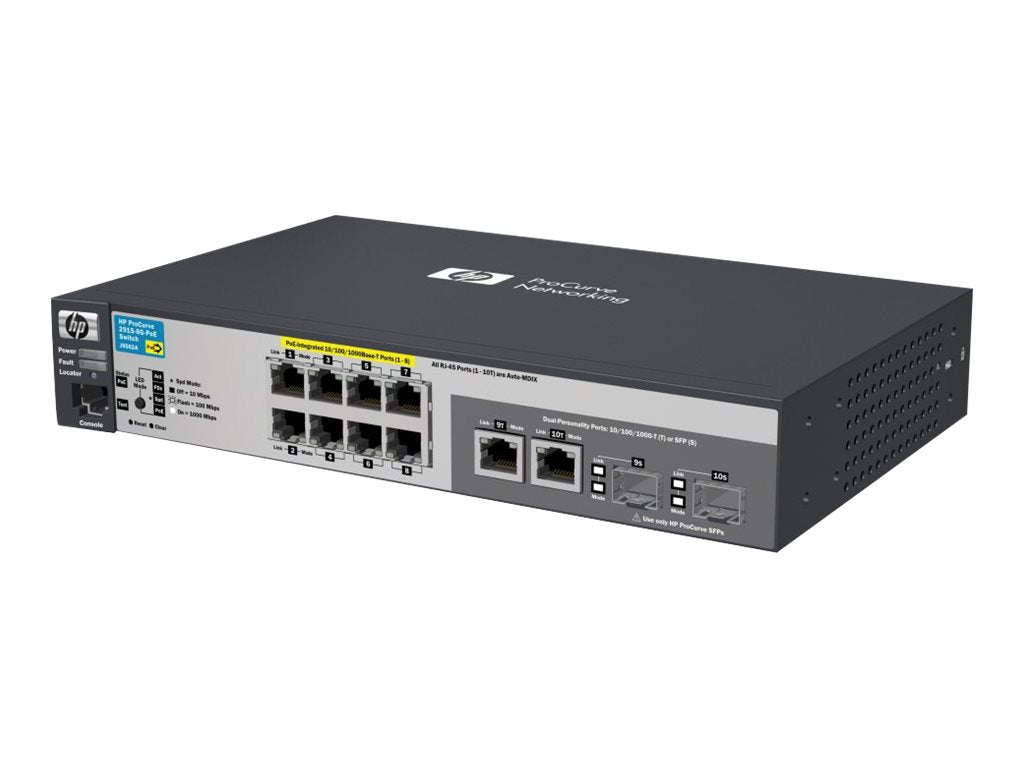 HPE Aruba 2915-8G-PoE - Switch - managed - 8 x 10/100/1000 + 2 x combo Gigabit SFP - desktop - PoE - remarketed J9562AR#ACF