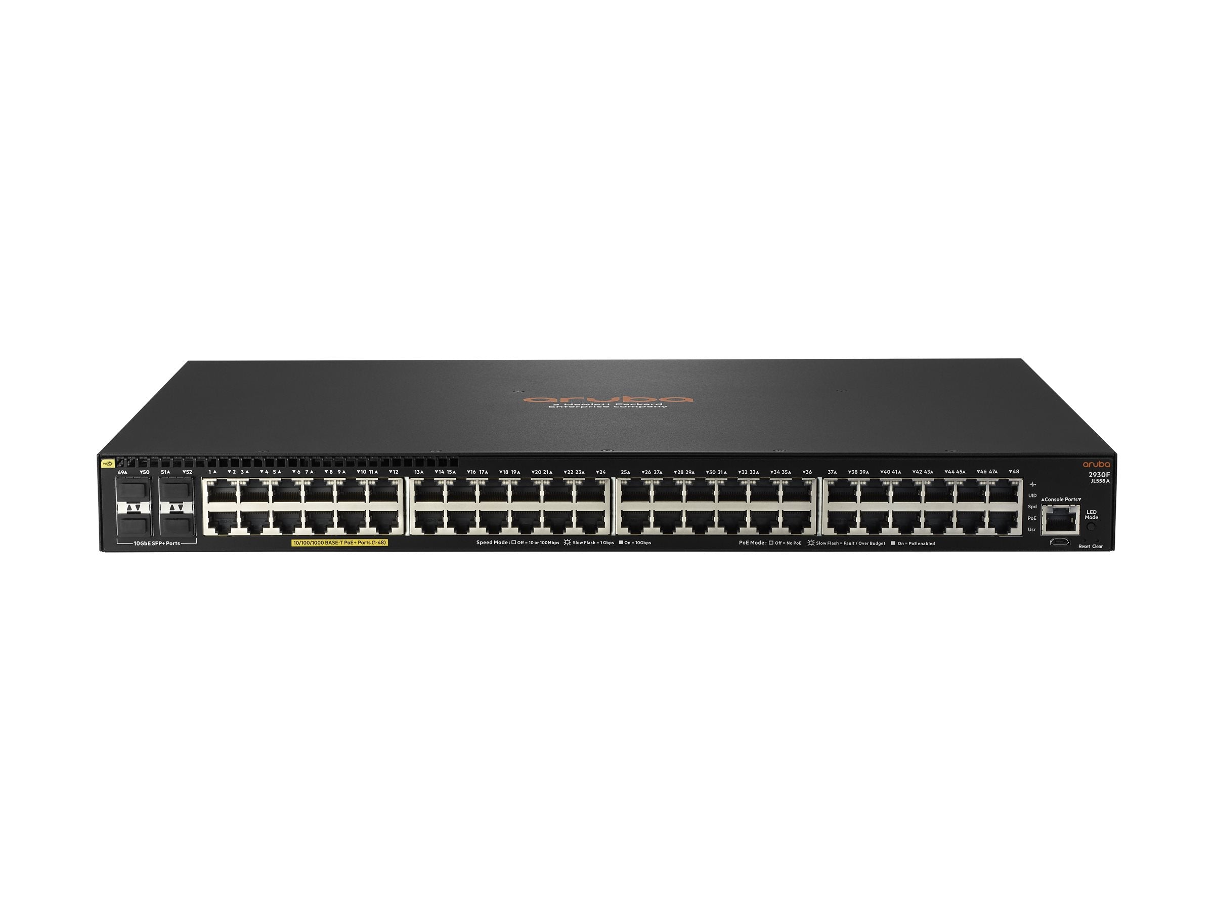 HPE Aruba 2930F 48G PoE+ 4SFP+ - Switch - L3 - managed - 48 x 10/100/1000 (PoE+) + 4 x 1 Gigabit / 10 Gigabit SFP+ (uplink) - JL558A#B2E