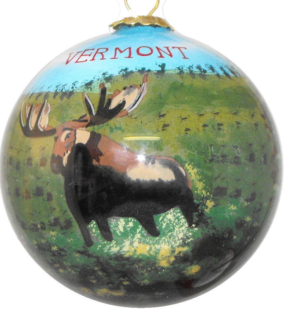 Hand Painted Glass Globe Ornament - A Vermont Moose